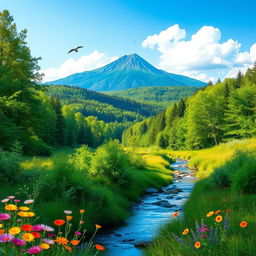 A beautiful and serene natural background featuring lush green forests, a scenic mountain range in the distance, and a clear blue sky with a few fluffy white clouds