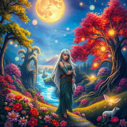 A stunning fantasy landscape with vibrant colors and whimsical elements, featuring a majestic, enchanted forest illuminated by magical orbs of light