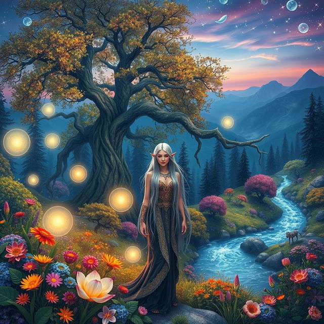 A stunning fantasy landscape with vibrant colors and whimsical elements, featuring a majestic, enchanted forest illuminated by magical orbs of light