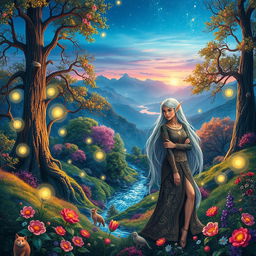 A stunning fantasy landscape with vibrant colors and whimsical elements, featuring a majestic, enchanted forest illuminated by magical orbs of light