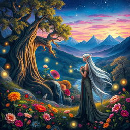A stunning fantasy landscape with vibrant colors and whimsical elements, featuring a majestic, enchanted forest illuminated by magical orbs of light