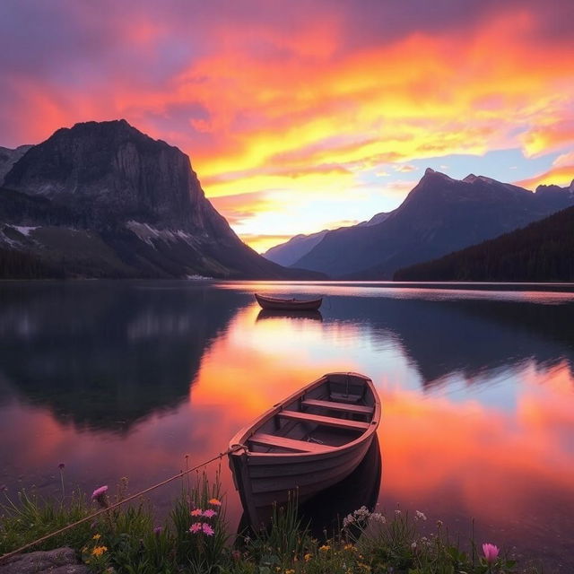 A serene landscape featuring a tranquil lake surrounded by towering mountains, reflecting the vibrant colors of a stunning sunset