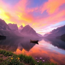 A serene landscape featuring a tranquil lake surrounded by towering mountains, reflecting the vibrant colors of a stunning sunset