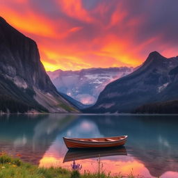 A serene landscape featuring a tranquil lake surrounded by towering mountains, reflecting the vibrant colors of a stunning sunset