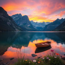 A serene landscape featuring a tranquil lake surrounded by towering mountains, reflecting the vibrant colors of a stunning sunset