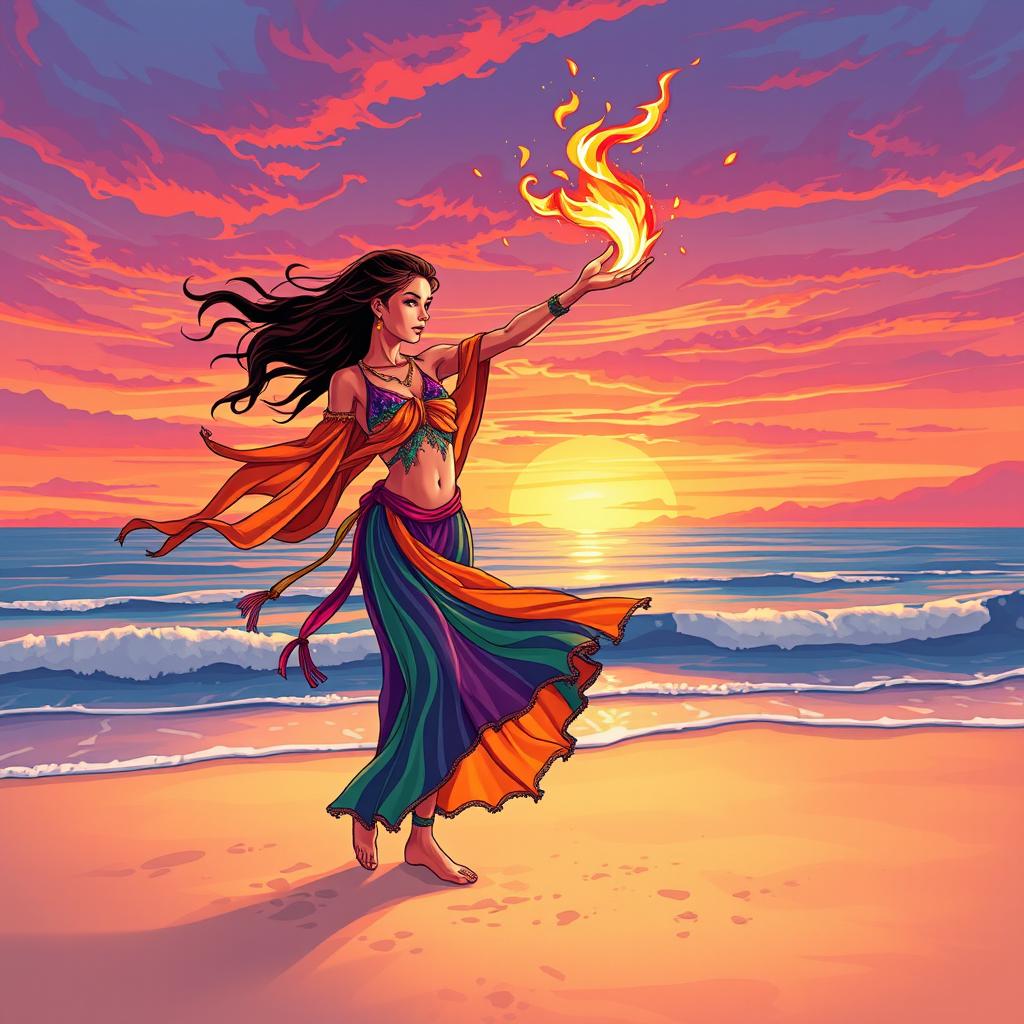 A vibrant and dynamic illustration of a free spirited fire dancer performing on a sandy beach at sunset