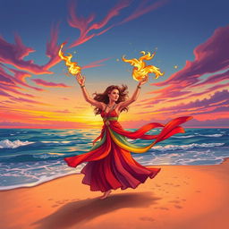 A vibrant and dynamic illustration of a free spirited fire dancer performing on a sandy beach at sunset