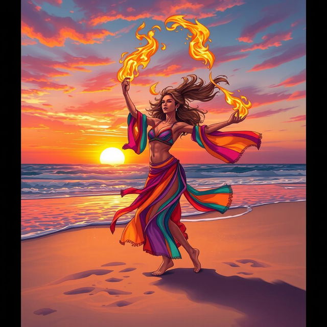 A vibrant and dynamic illustration of a free spirited fire dancer performing on a sandy beach at sunset