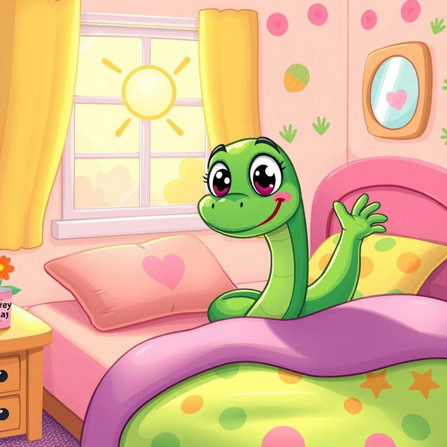 A cute green cartoon snake waking up in the morning on a colorful bed, featuring vibrant pillows and a cozy blanket