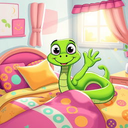 A cute green cartoon snake waking up in the morning on a colorful bed, featuring vibrant pillows and a cozy blanket