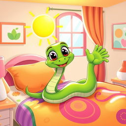 A cute green cartoon snake waking up in the morning on a colorful bed, featuring vibrant pillows and a cozy blanket