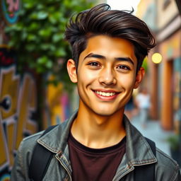 A vibrant and eye-catching profile picture featuring a confident young adult with a friendly smile, wearing stylish casual attire in a trendy urban setting