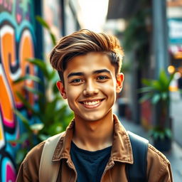 A vibrant and eye-catching profile picture featuring a confident young adult with a friendly smile, wearing stylish casual attire in a trendy urban setting