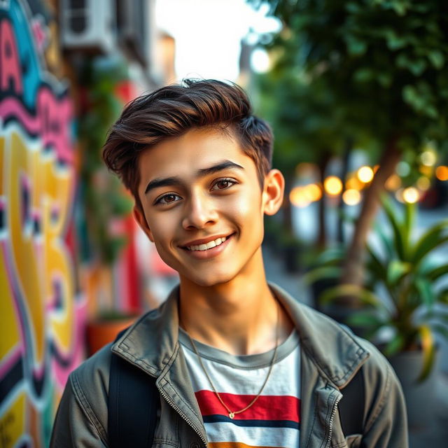 A vibrant and eye-catching profile picture featuring a confident young adult with a friendly smile, wearing stylish casual attire in a trendy urban setting