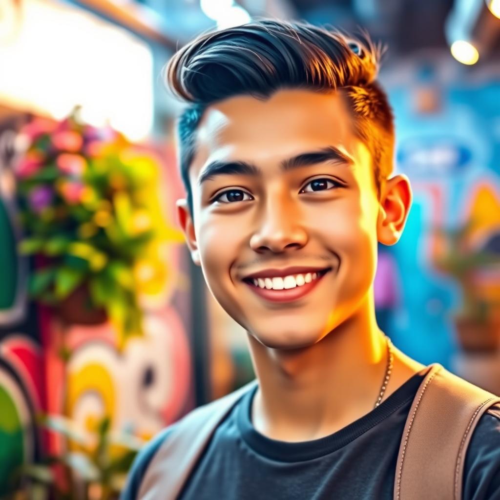 A vibrant and eye-catching profile picture featuring a confident young adult with a friendly smile, wearing stylish casual attire in a trendy urban setting