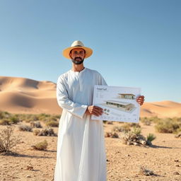 A desert architect, wearing a long, flowing white tunic and a wide-brimmed hat to protect against the sun, stands confidently in an arid landscape