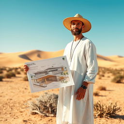 A desert architect, wearing a long, flowing white tunic and a wide-brimmed hat to protect against the sun, stands confidently in an arid landscape