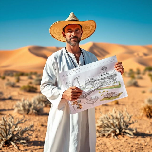 A desert architect, wearing a long, flowing white tunic and a wide-brimmed hat to protect against the sun, stands confidently in an arid landscape