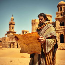 A medieval desert architect, dressed in a traditional flowing robe and a rich, intricately embroidered cloak, stands amidst a sun-scorched landscape