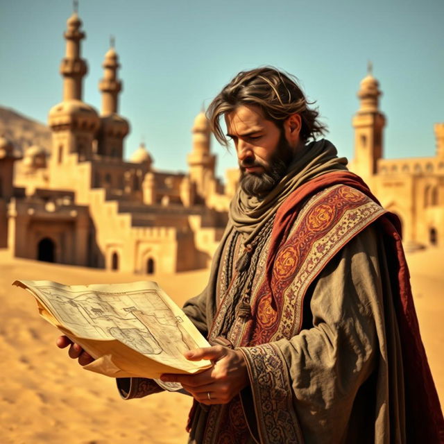 A medieval desert architect, dressed in a traditional flowing robe and a rich, intricately embroidered cloak, stands amidst a sun-scorched landscape