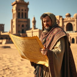 A medieval desert architect, dressed in a traditional flowing robe and a rich, intricately embroidered cloak, stands amidst a sun-scorched landscape