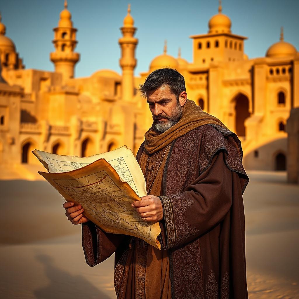 A medieval desert architect, dressed in a traditional flowing robe and a rich, intricately embroidered cloak, stands amidst a sun-scorched landscape