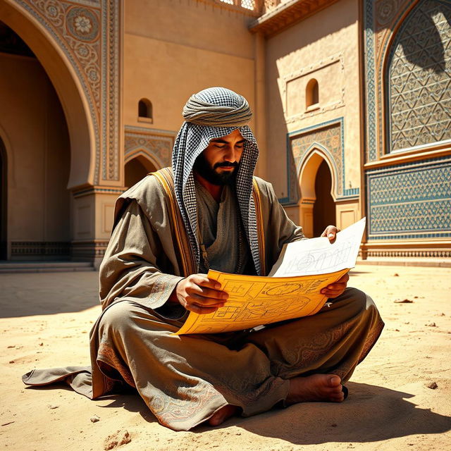 A medieval Arabian architect, adorned in a flowing, ornately patterned robe and a decorative headpiece, sits cross-legged in a vibrant desert setting