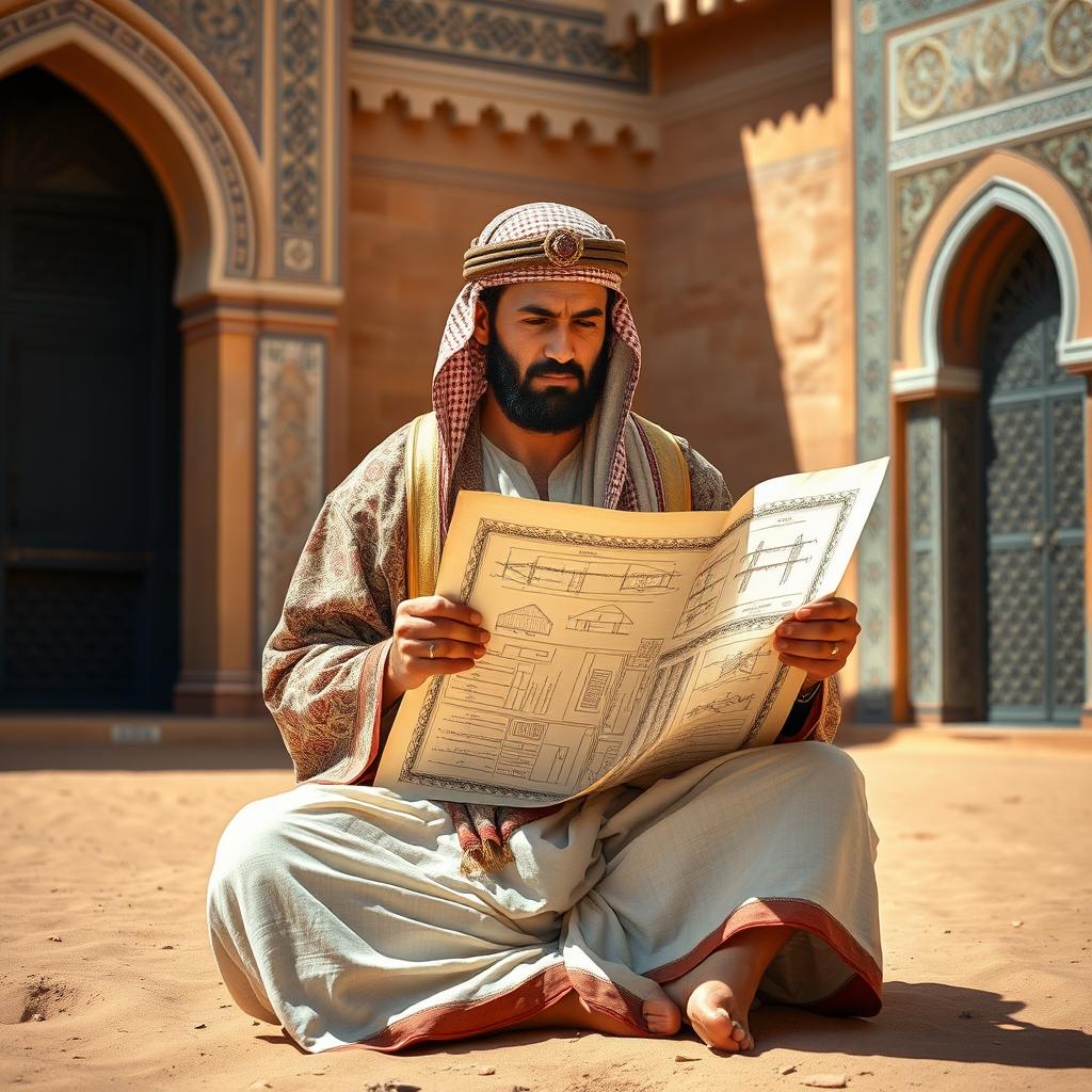 A medieval Arabian architect, adorned in a flowing, ornately patterned robe and a decorative headpiece, sits cross-legged in a vibrant desert setting