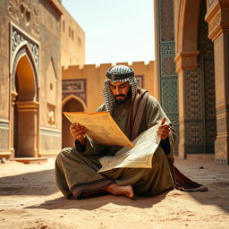 A medieval Arabian architect, adorned in a flowing, ornately patterned robe and a decorative headpiece, sits cross-legged in a vibrant desert setting