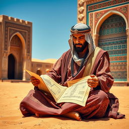 A medieval Arabian architect, adorned in a flowing, ornately patterned robe and a decorative headpiece, sits cross-legged in a vibrant desert setting