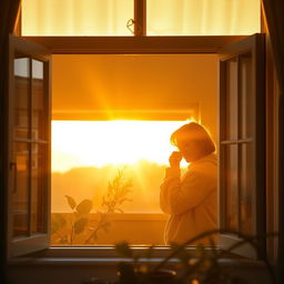 A beautiful sunrise seen through a window, casting warm golden light into the room