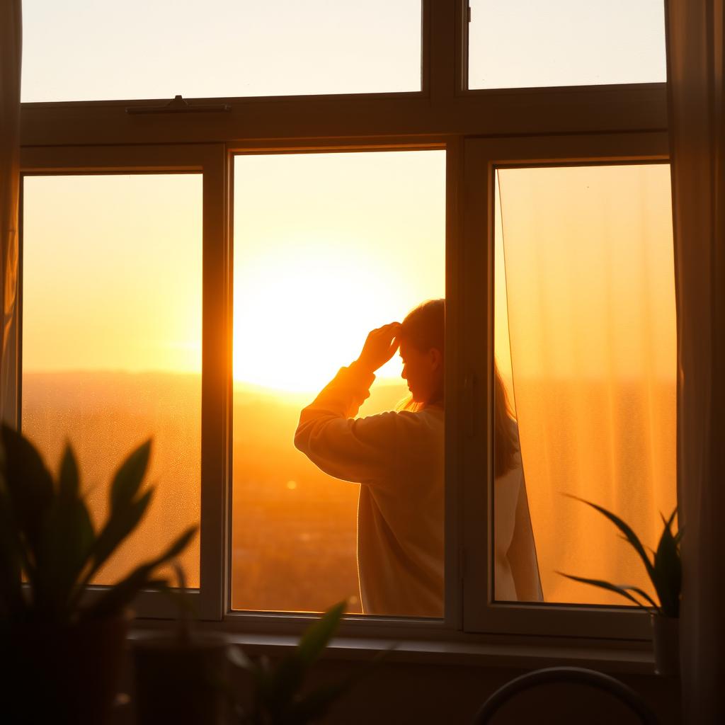 A beautiful sunrise seen through a window, casting warm golden light into the room