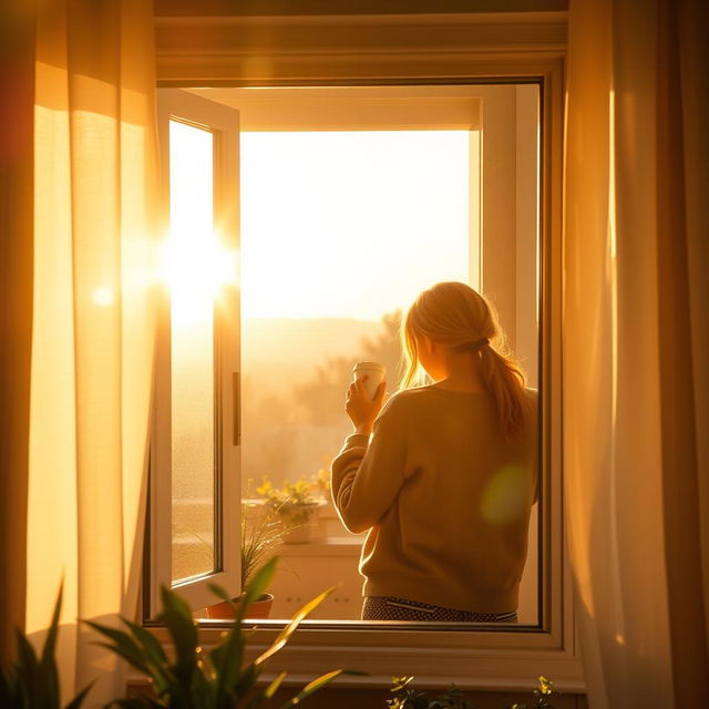 A beautiful sunrise seen through a window, casting warm golden light into the room