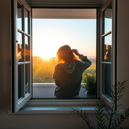 A beautiful sunrise seen through a window, casting warm golden light into the room