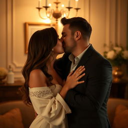 A couple passionately kissing, their lips gently touching, while they embrace each other tightly, pressing their chests together