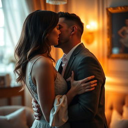 A couple passionately kissing, their lips gently touching, while they embrace each other tightly, pressing their chests together