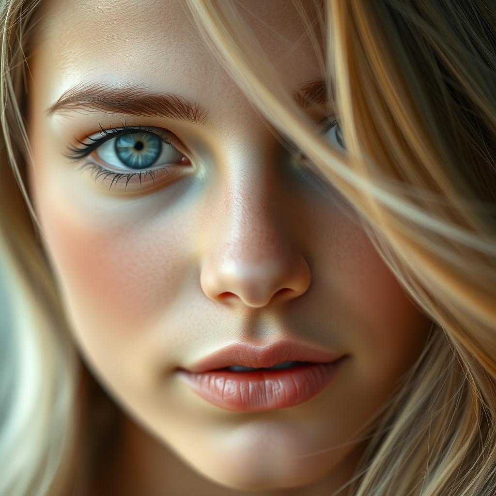 A close-up of a beautiful face featuring striking blue eyes and a serene expression