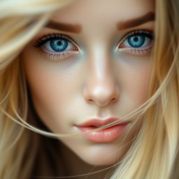 A close-up of a beautiful face featuring striking blue eyes and a serene expression