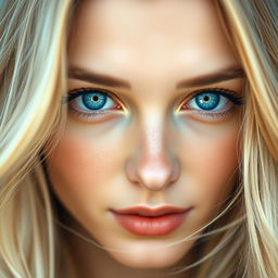 A close-up of a beautiful face featuring striking blue eyes and a serene expression