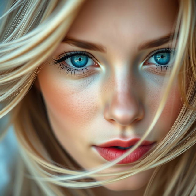 A close-up of a beautiful face featuring striking blue eyes and a serene expression