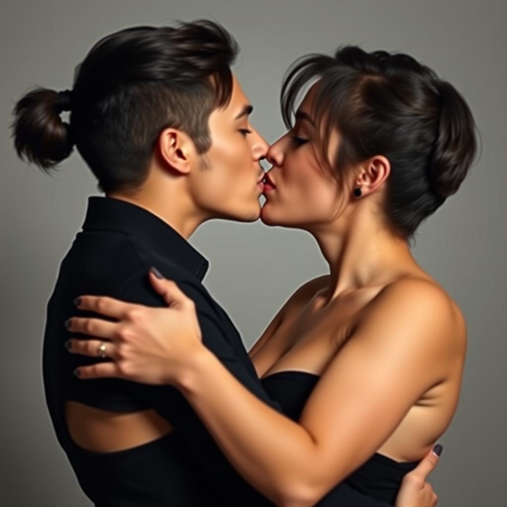 A romantic and intimate scene featuring two attractive adults sharing a passionate kiss, their lips pressed tightly together