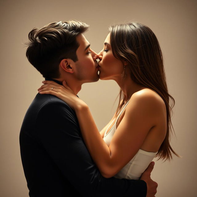 A romantic and intimate scene featuring two attractive adults sharing a passionate kiss, their lips pressed tightly together