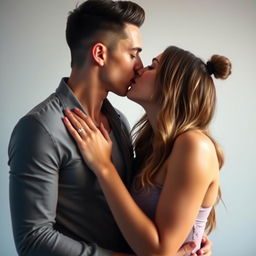 A romantic and intimate scene featuring two attractive adults sharing a passionate kiss, their lips pressed tightly together