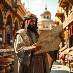 A standing medieval Arabian architect, dressed in a flowing, intricately detailed robe with gold accents and a traditional headdress, examines an ancient construction plan of a grand football stadium