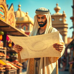 A standing medieval Arabian architect, dressed in a flowing, intricately detailed robe with gold accents and a traditional headdress, examines an ancient construction plan of a grand football stadium