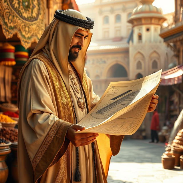 A standing medieval Arabian architect, dressed in a flowing, intricately detailed robe with gold accents and a traditional headdress, examines an ancient construction plan of a grand football stadium