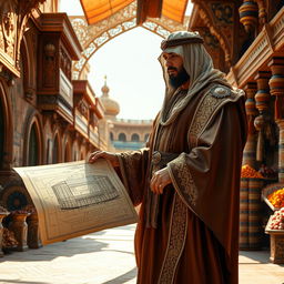 A standing medieval Arabian architect, dressed in a flowing, intricately detailed robe with gold accents and a traditional headdress, examines an ancient construction plan of a grand football stadium