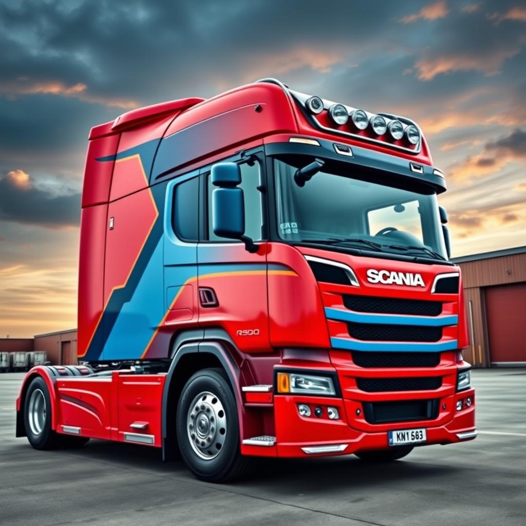 A striking design of a Scania R500 truck in a bold red color