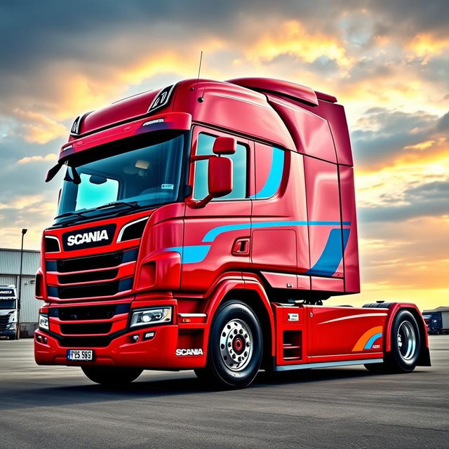 A striking design of a Scania R500 truck in a bold red color