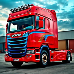 A striking design of a Scania R500 truck in a bold red color